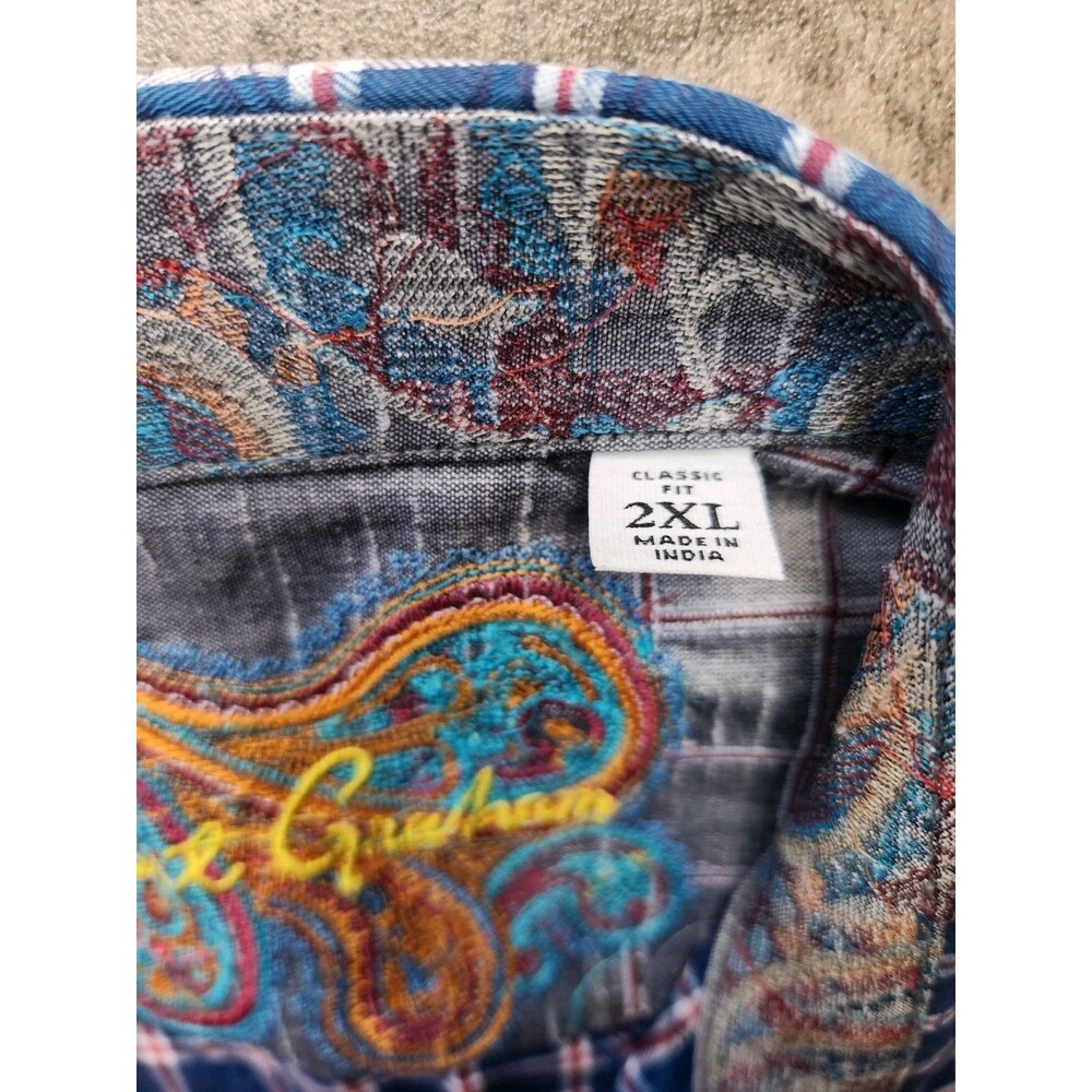 Robert Graham Shirt Button Up Paisley On Plaid Roll Over Cuff Knowledge Red Blue - Picture 13 of 16